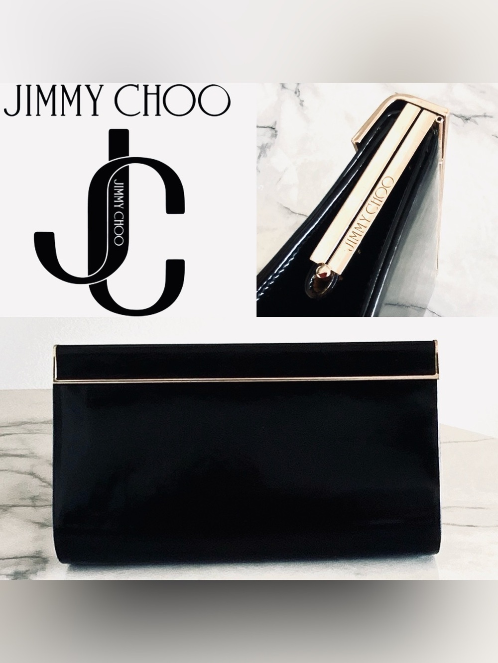 Jimmy Choo black patent Leather Frame Clutch with Gold Trim